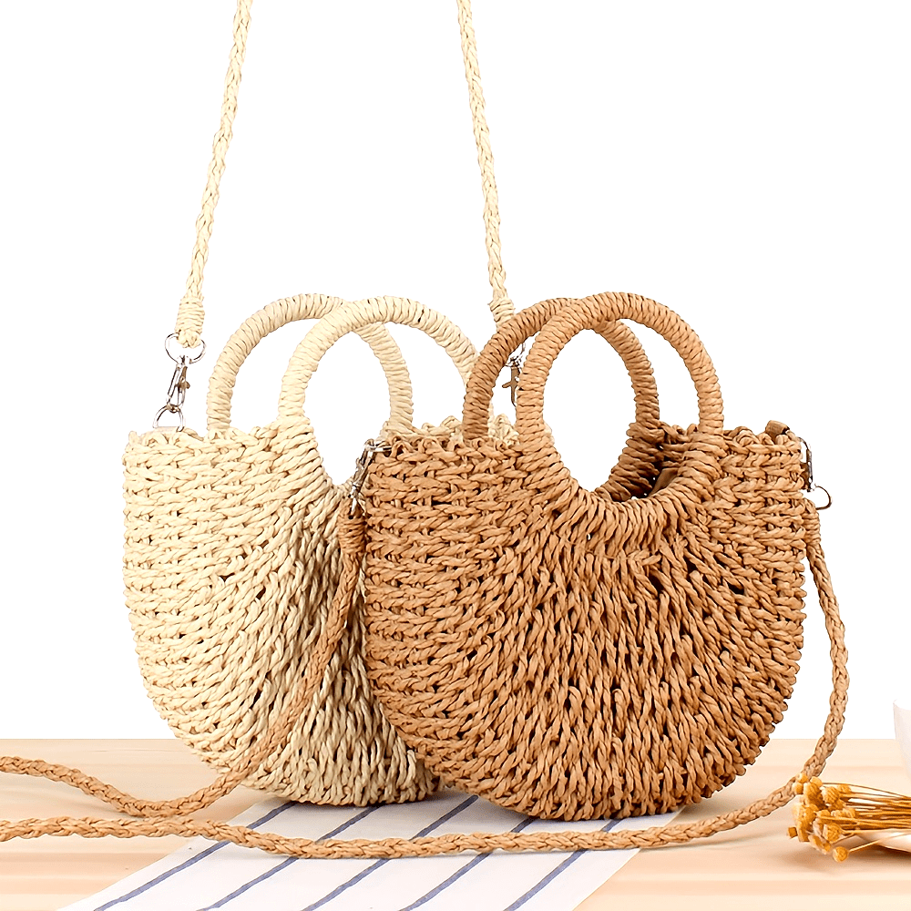 Bolsa de Palha Trançada Semi-Redonda